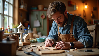 Man Trying Out New Hobbies While Crafting Wooden Models in Cozy Workshop for DIY Blogs, Crafting Websites, Woodworking Articles, and Creative Inspiration  