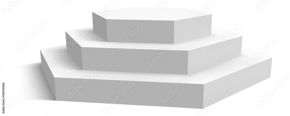 Poster three white hexagonal podiums stacked on top of each other, creating a pyramid shape and casting a s