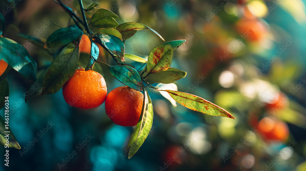 Poster close up of orange tangerines hanging on a tree branch with green leaves in a garden setting view
