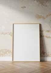 Framed Blank Poster Mockup on an Old Unfinished Wall Above a Wooden Floor, a Gallery-like Interior Design