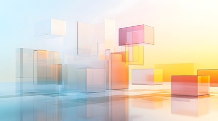 Abstract architectural scene of translucent geometric forms.
