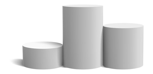 Three gray cylinders of different heights are forming a winners podium on a white background, casting a subtle shadow, creating a simple yet effective representation of achievement and competition