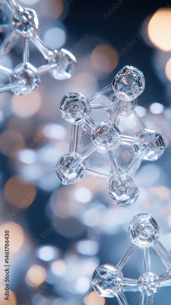 Poster abstract 3d rendering of translucent molecular structures against a bokeh background.