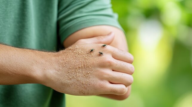 Skin irritation with visible scabs on the arm from scratching insect bites 