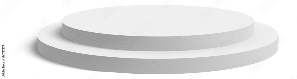 Poster featuring two levels of white round podiums casting soft shadows on a clean white background, ideal 