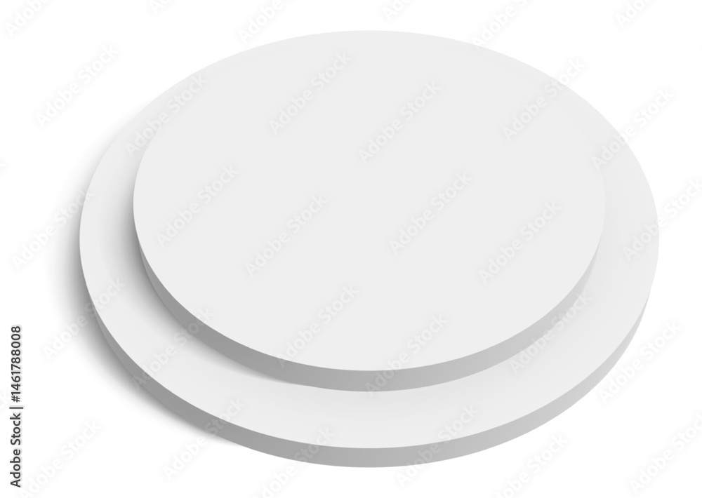 Poster two white round podiums casting soft shadows on a clean white background, creating an ideal setting 