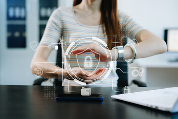 Cybersecurity and privacy concepts to protect data. Lock icon and network security technology. Man...