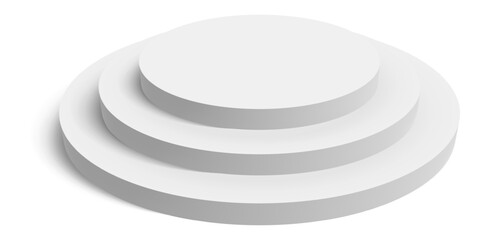 Three level round white podium creating an elegant pedestal, casting soft shadows on a bright white background, ideal for displaying products or celebrating achievements
