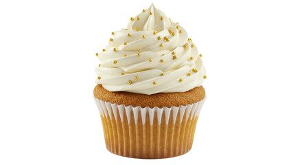 Isolated Vanilla Cupcake Topped with Cream and Golden Sprinkles