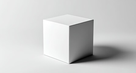 A single, plain white cube, centrally positioned on a light gray surface.  The cube casts a subtle shadow