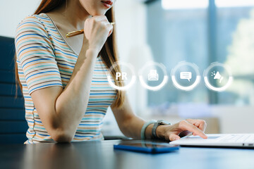 PR, Public relations concept. hands using laptop and tablet with public relations icon for...