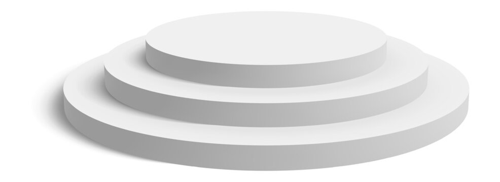 Round white podium with three platforms casting shadow is isolated on white background, perfect for showcasing products or displaying awards