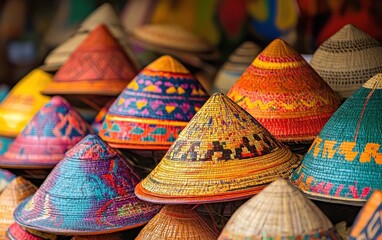 Colorful conical hats, various designs and colors, displayed for sale.  Intricate patterns decorate the straw hats