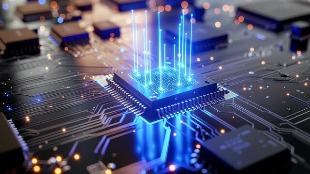 Close-up animation of futuristic microchip emitting blue lights