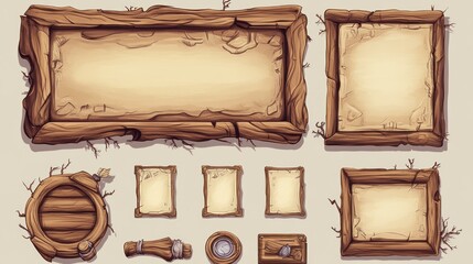 Wooden frames, signs, and game UI elements.