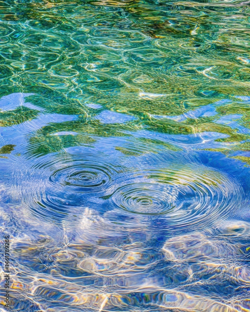 Aufkleber ripples in clear water surface reflecting sky and trees overhead abstract view from above nature bac