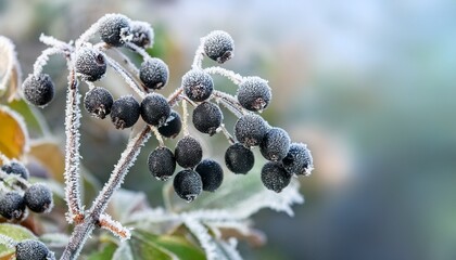 poisonous black berries on the bush covered with hoarfrost