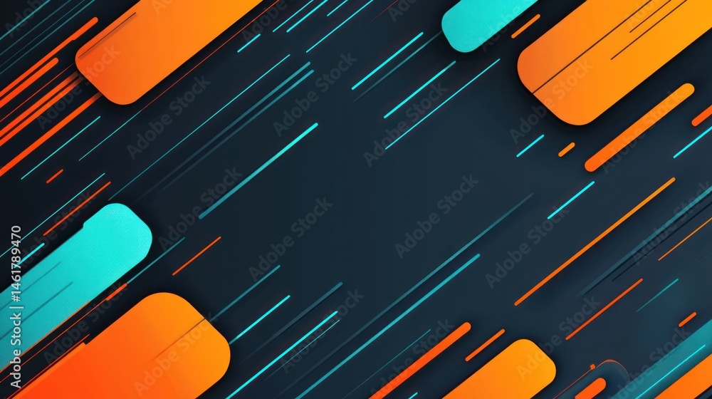 Aufkleber abstract background with diagonal orange and teal lines and shapes on dark background.