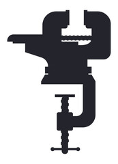 Simple, solid black silhouette icon of a bench vise clamping a metal rod, isolated on a white background, representing craftsmanship, metalworking, and the tools of a mechanic or handyman