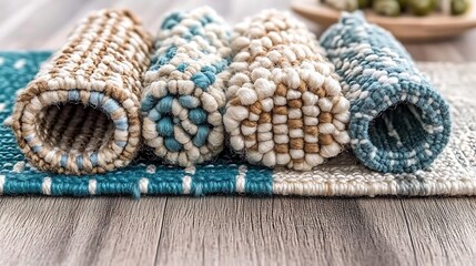 Fototapeta premium Cozy rolled up carpet or rug rolls with blue, beige, and white colors
