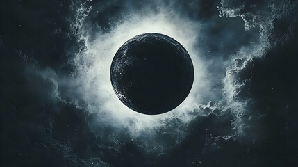 Dramatic celestial display of a dark moon in stormy clouds.