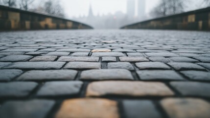 Misty cobblestone pathway in urban park ambiance