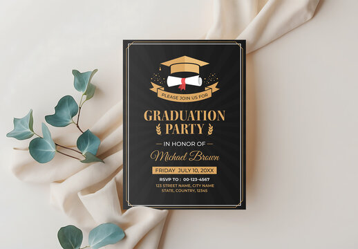 Modern Graduation Invitation with Black and Gold