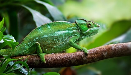 Obraz premium green chameleon in jungle horizontal banner tropical wildlife wallpaper exotic lizard madagascar background zoo wallpaper