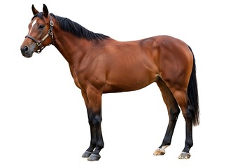 Obraz premium A brown horse with a black mane and tail standing on a white background in a side profile view pose