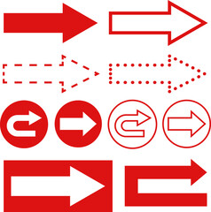 Red Arrow Icon Set. Bold Flat and Outline Arrows with Dotted, Dashed and Curved Shapes for Signage, Infographics, Web Navigation, Bold Arrow Elements for Interface and Communication Designs