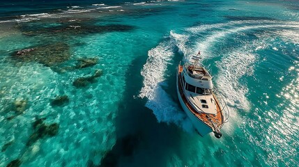 Fototapeta premium Luxurious Yacht Sailing Through Turquoise Waters in Tropical Paradise