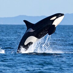 Fototapeta premium Orca Leaping From Ocean Water Splashing