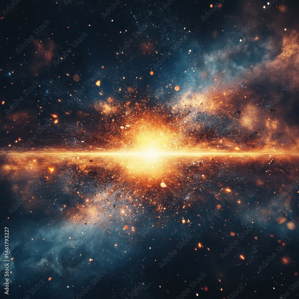 Poster cosmic explosion in deep space with bright light and nebula clouds abstract digital art