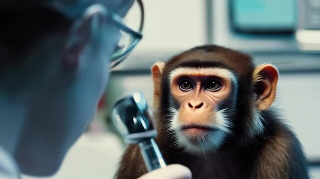 Close Up of Monkey Examined by Doctor in a Laboratory Setting With Blue Background Using Medical Tool for Animal Health Care Research