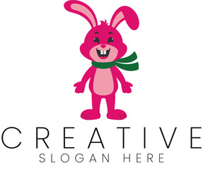 Adorable Pink Bunny Rabbit Cartoon Mascot Logo Design Illustration fun cute icon kids flat green    
