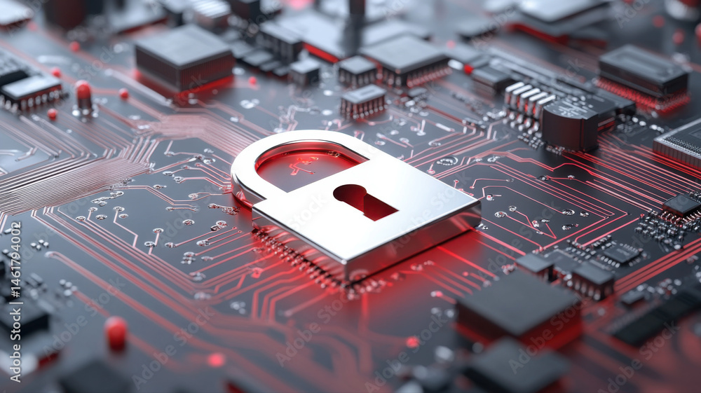 Poster cyber security technology concept with digital lock on circuit board technology lock digital padlock
