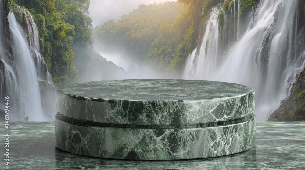 Poster marble podium display against waterfall backdrop for product showcase in nature setting studio shot