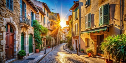 Fototapeta premium Cannes Old Town Street Photography, French Riviera Vintage Architecture, Charming Alleyway, Historic Buildings, Coastal Townscape