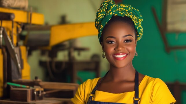 African young female artisan smiling in workshop with colorful headwrap and apron