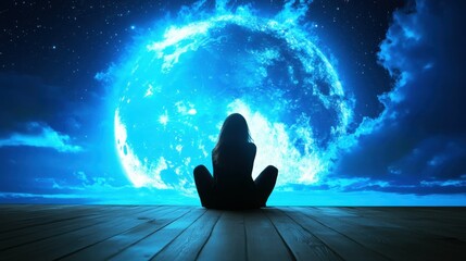Woman sitting on pier underneath a radiant full moon and starry sky