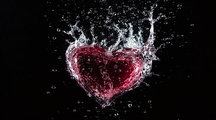 A red heart-shaped splash of water bursts against a black background, symbolizing love and emotion in motion.