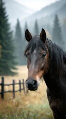 Obraz premium Majestic horse standing gracefully in a misty forest during a rainy day in the mountains