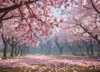 Floating sakura petals against a blurred backdrop of cherry trees ,  macro,  gentle,  falling