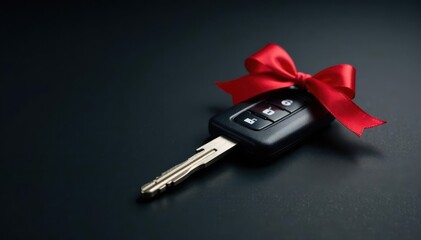 Sleek car key with festive red bow, dark background , new, black, plate