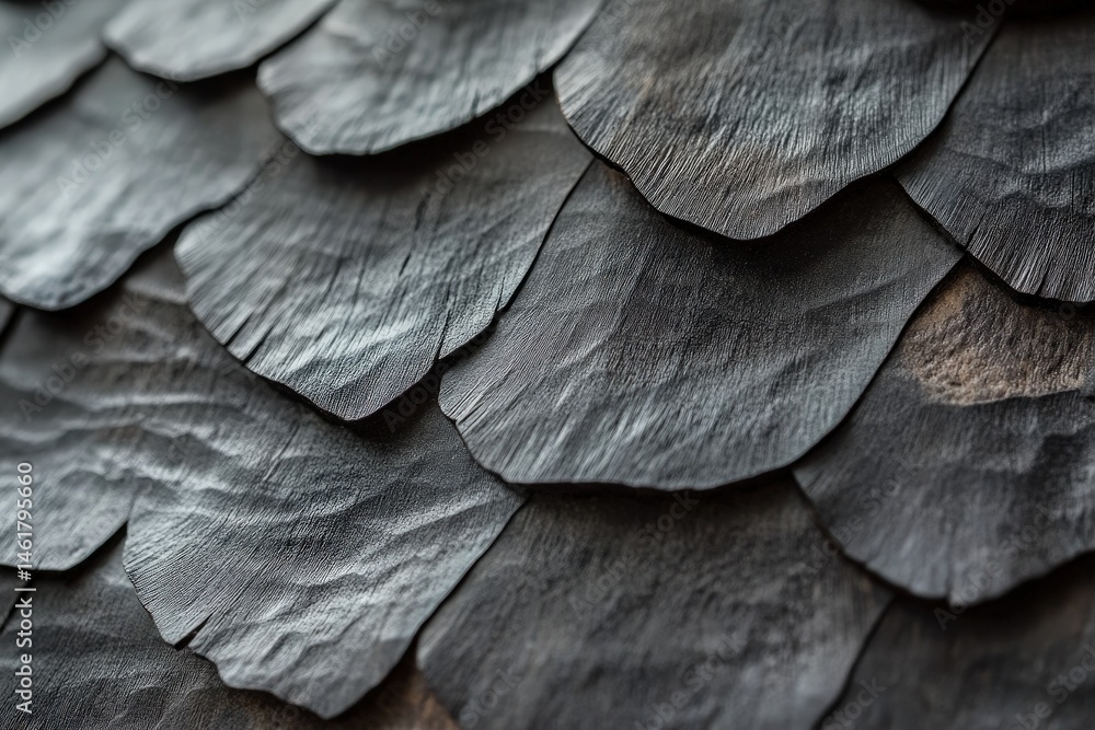 Poster close-up view of dark gray wooden shingle overlapping pattern.