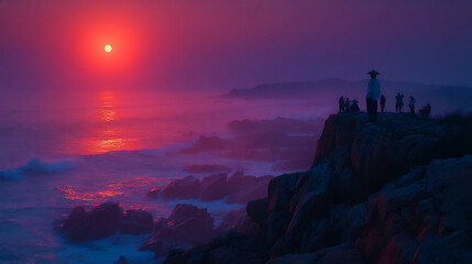 silhouetted figures watching the sunset over the ocean horizon