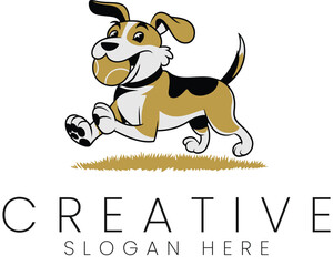 Happy Beagle Dog Running with Ball Playful Pet Animal Cartoon Illustration Design Fun Paw Cute Logo 