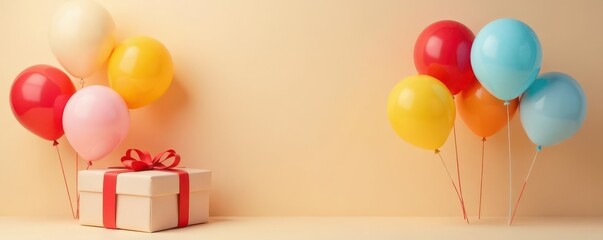 Elegant gift & vibrant balloons, beige backdrop , media, surprise