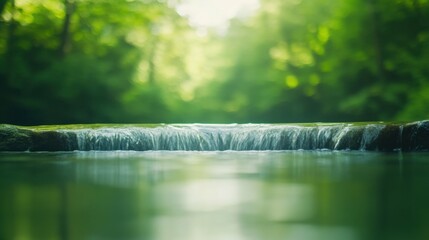 Tranquil forest stream with gentle waterfall in lush greenery