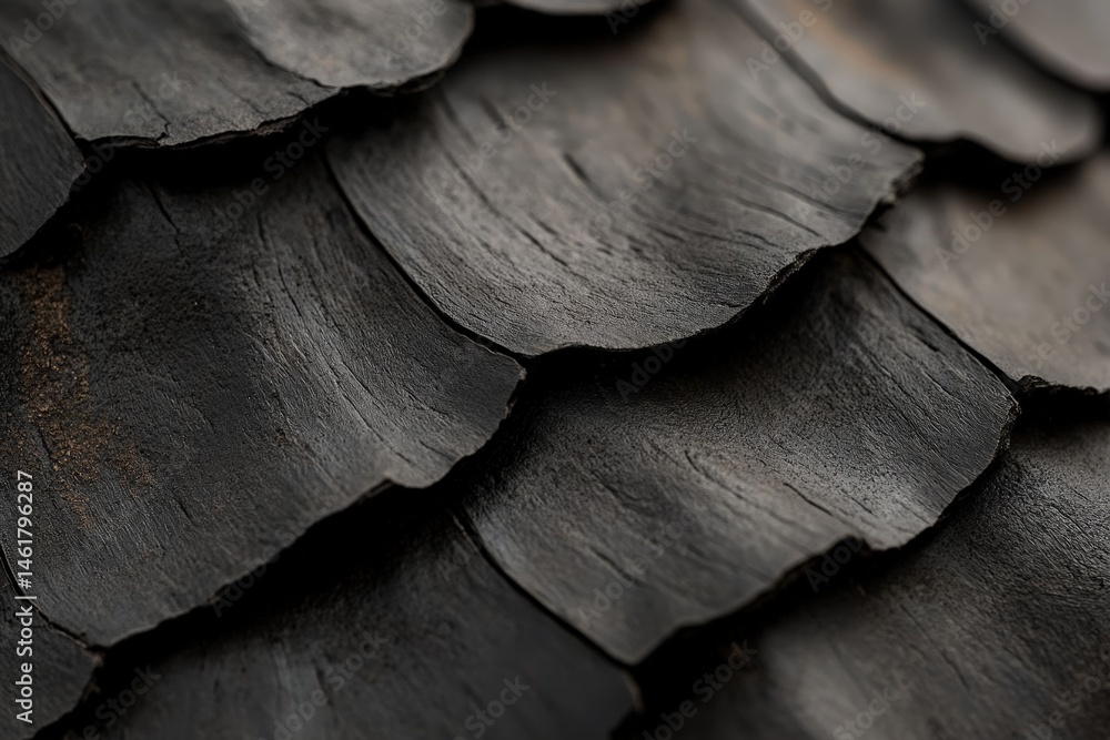 Poster close-up view of dark, overlapping textured tiles.